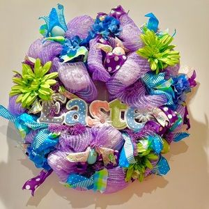 Easter wreath custom designed purple green wooden new bundle ceramic eggs coral